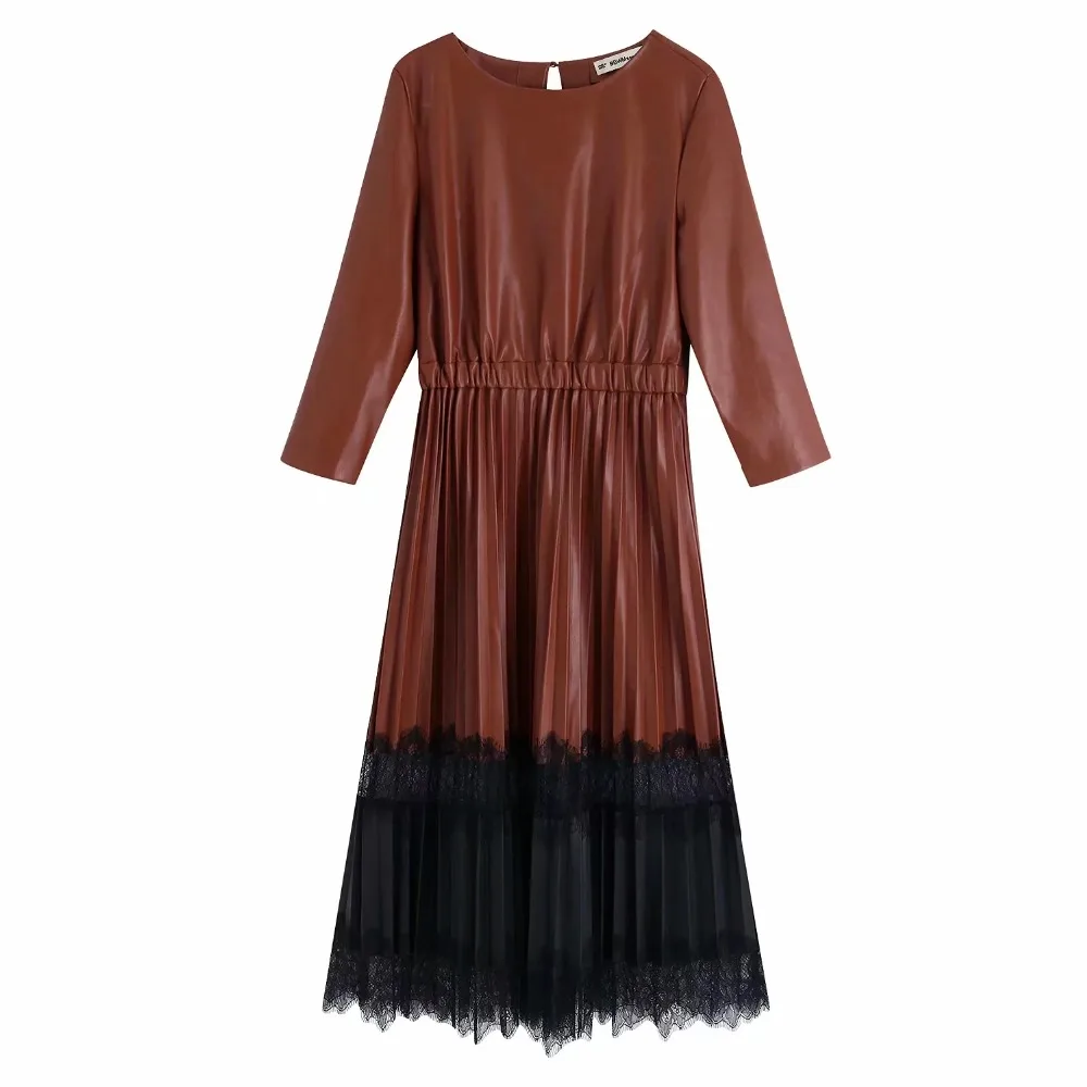 Английское элегантное винтажное Плиссированное кружевное комбинированное кожаное платье для женщин vestidos de fiesta de noche PU платье блейзер