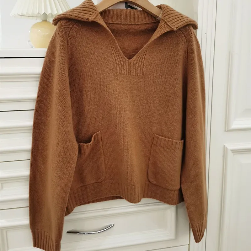 Women Knit Sweater V-neck Casual Two Colors Long