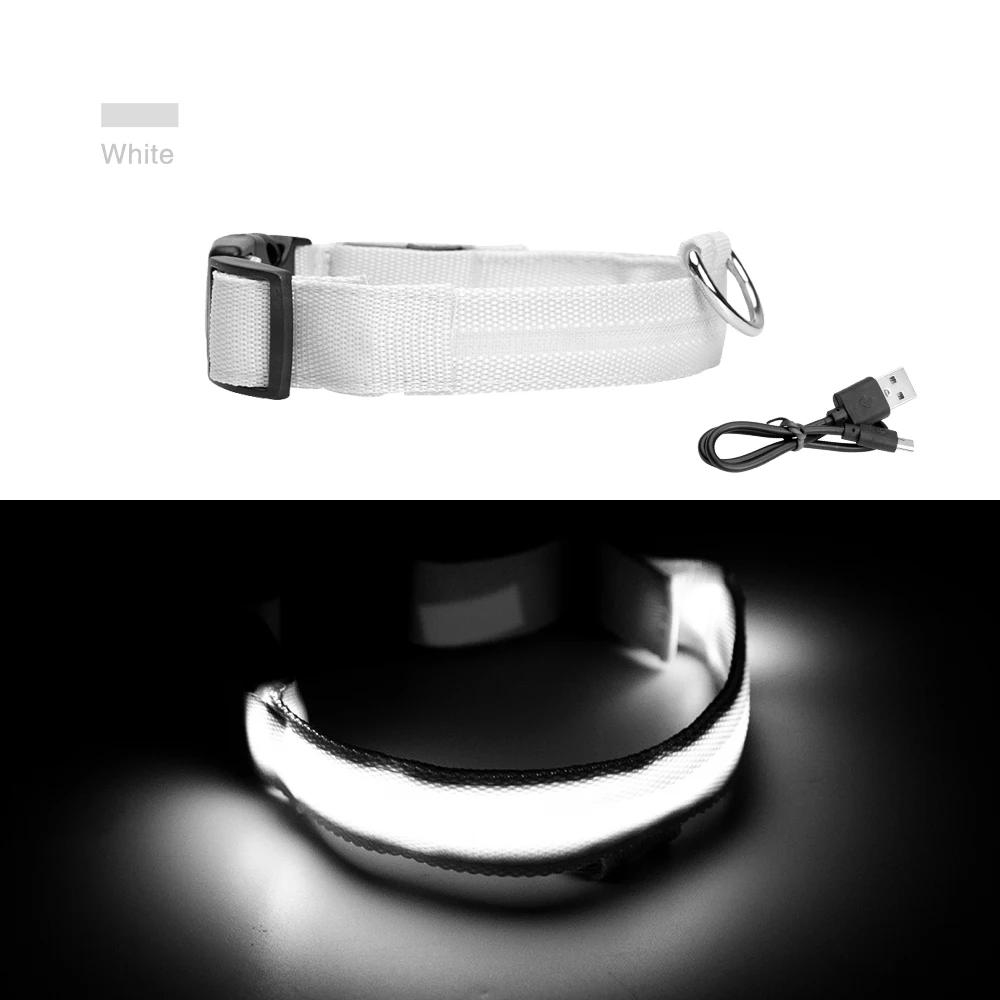 white with usb Нейлоновый светодиодный ошейник для питомца собаки с зарядным usb-интерфейсом для безопасности в ночное время с защитой от потери мигающие светящиеся ошейники для собак светящиеся флуоресцентные ошейники - Цвет: white with usb