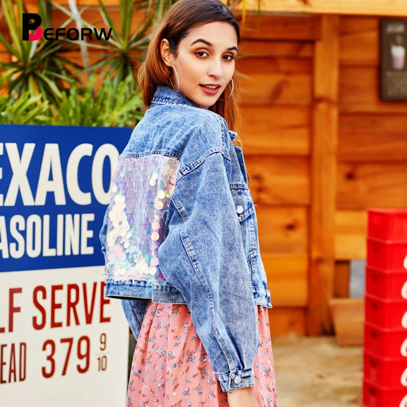 lower price BEFORW 2019 Fashion Winter Women Sequin Button Denim Jacket Coat Casual Fall Long Sleeve Pocket Cro