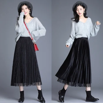 

Women Casual High Elastic Waist Maxi Long Pleated Skirt fashion Female solid color simple hollow bottom lace skirt faldas mujer