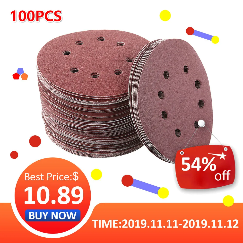 

100pcs 5Inch 125mm Round Sandpaper Eight Hole Disk Sand Sheets Grit 40-600 Hook and Loop Sanding Disc Abrasives for Polish