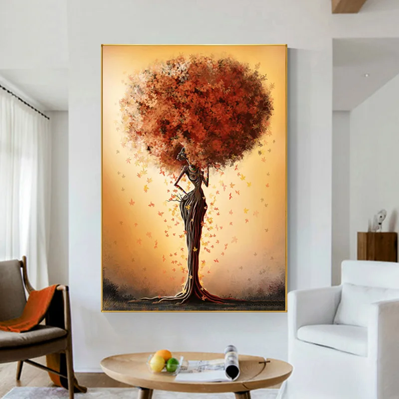 Abstract African Tree Canvas Painting Black Girl Colored Leave Hair Wall Art Poster Print Picture for Room Decoration Home Decor | Дом и сад