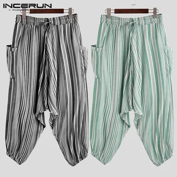 

INCERUN Men Vertical Stripes Baggy Bottoms Pockets Wide Leg Pants Casual Hip-Hop Lacing Harem Trousers Pantalones Hombre 5XL