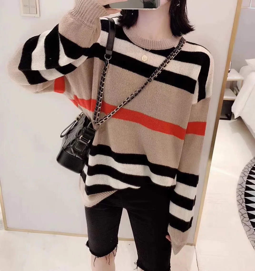 

ladies sweater women autumn winter tops clothes 2020 knitted pullover knitwear loose striped sweaters female