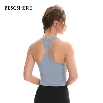 

BESCSHERE Flexible Racerback Sport Fitness Crop Tops Women Soft Nylon Running Yoga Gym Vest Plain Jogger Workout Tanks Tops