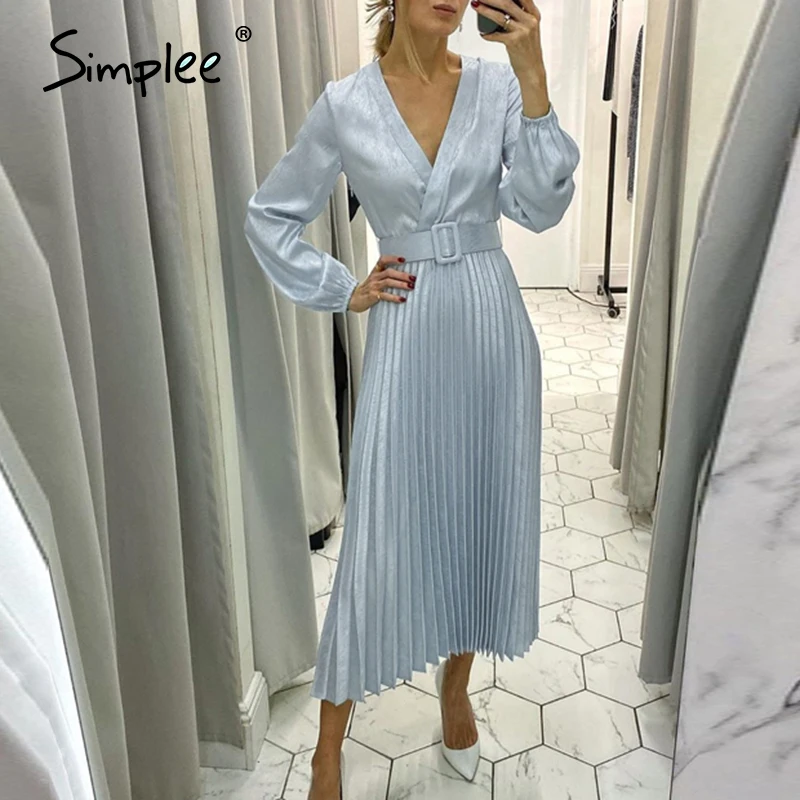 Simplee Elegant blue pleated women party dress A line floral printed female office dress Autumn winter long sleeve blazer dress Simplee Elegant blue pleated women party dress A line floral printed female office dress Autumn winter long sleeve blazer dress