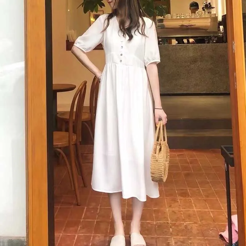 Elegant Woman Party Holiday Dress 2020 One-Piece New Summer Vintage Chiffon Dress Lady Korean Sweet Office Casual Loose Dresses