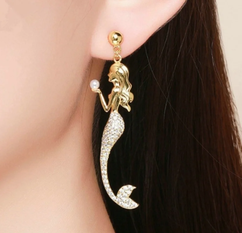 Sweet and romantic inlaid zircon mermaid long earrings for ladies exquisite fashion jewelry
