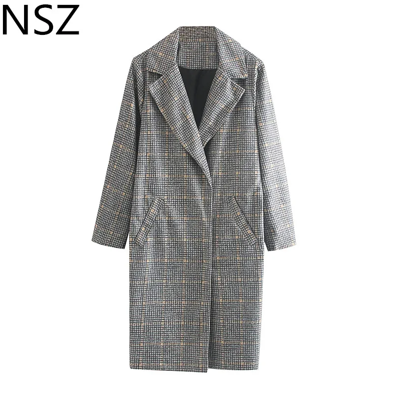 

NSZ Women Houndstooth Long Woolen Winter Coat Long Sleeve Warm Plaid Wool Jacket Overcoat Abrigo mujer