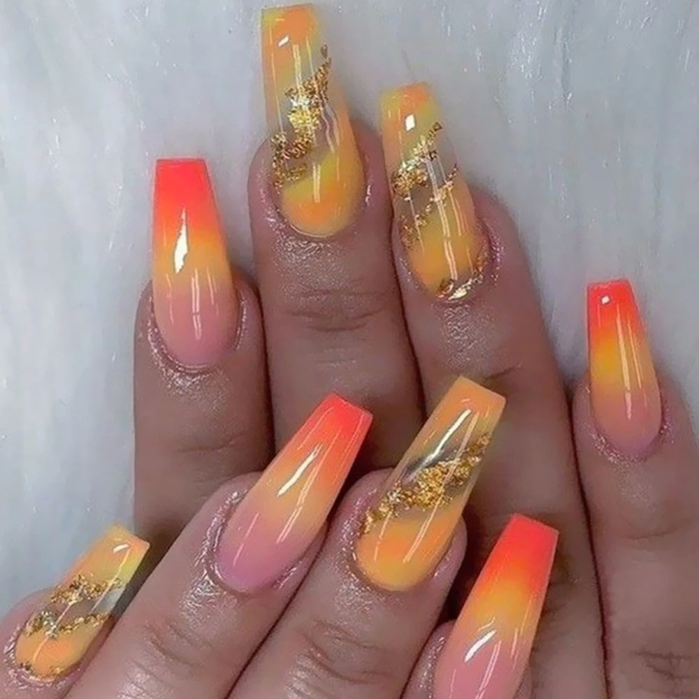 24pcs False Nails With Pink Yellow Orange Rainbow Design Long Coffin  Ballerina Fake Nails Press On Nail Artificial Nail Art Tips - False Nails -  AliExpress