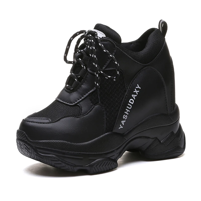 Rimocy/легкие кроссовки на высокой платформе со шнуровкой; женская обувь на танкетке со скрытым каблуком и дышащей сеткой; женская повседневная обувь - Цвет: Черный