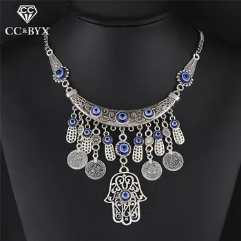 

CC Necklace For Women Silver Plated Vintage Bridal Wedding Accessories Bijoux Ethnic Party Fine Gift Blue Rhinestone Stone YH80