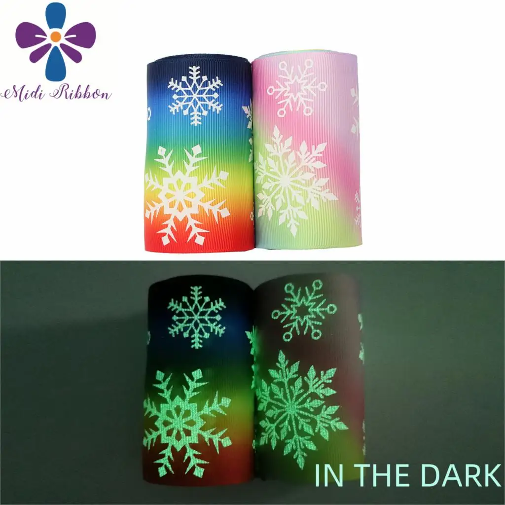 

3"75mm White Ink Printing Glow in the Dark Christmas Snowflake Gradient Color Printed Grosgrain Ribbon DIY Bowknots 50yards/roll