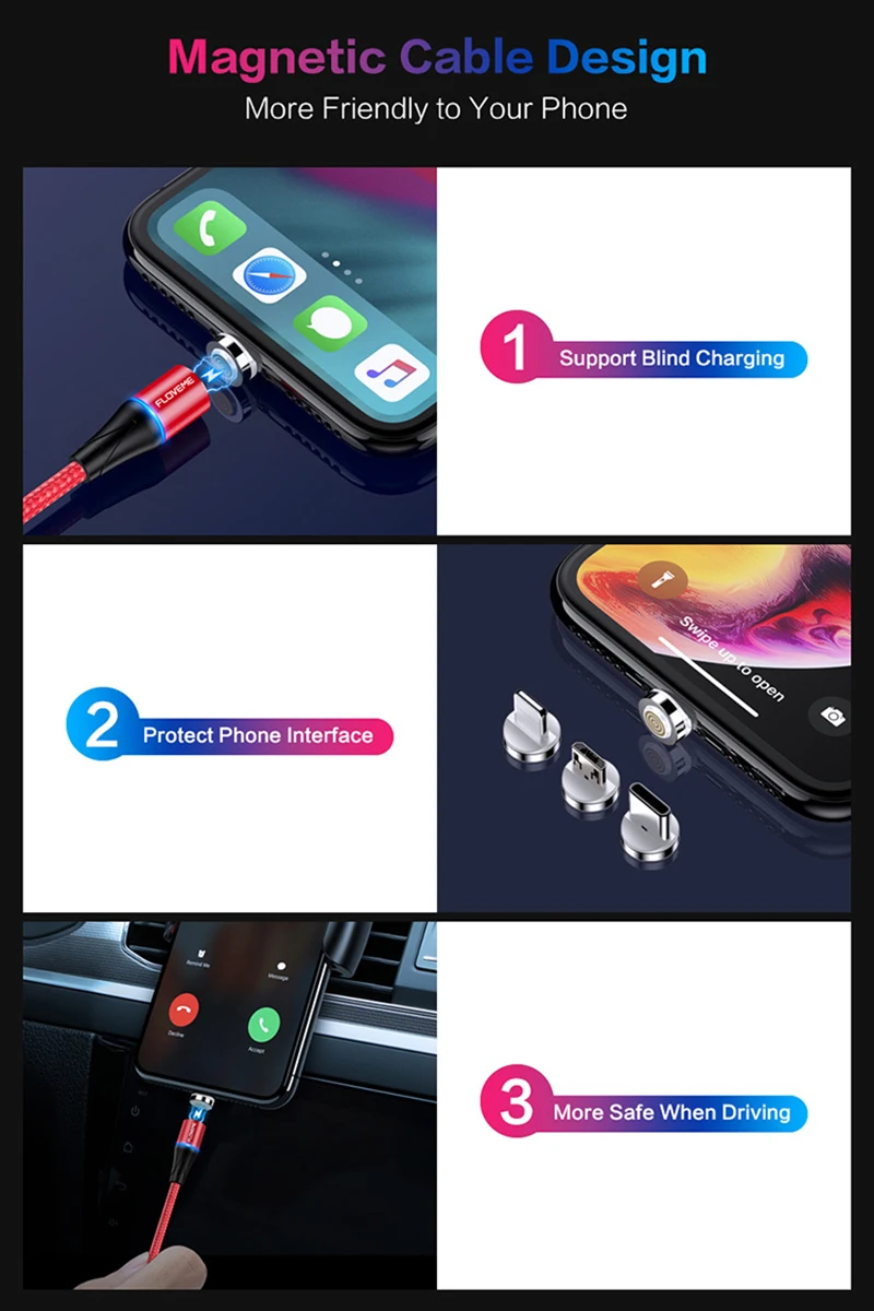 Магнитный кабель FLOVEME Micro usb type C для iPhone осветительный кабель 1 м 3A провод для быстрого заряда type-C Магнитный зарядный кабель для телефона