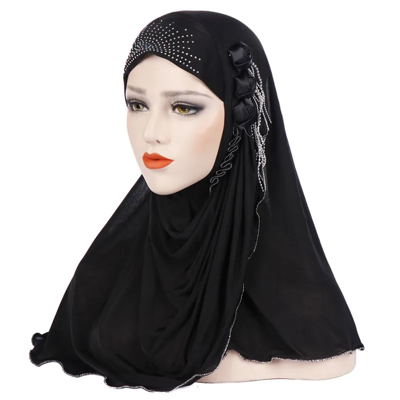 Новые мусульманские бриллианты инстад хиджаб исламское однотонное Джерси головной платок малазийский хиджаб фуляр femme мусулман арабский головной убор - Цвет: Black