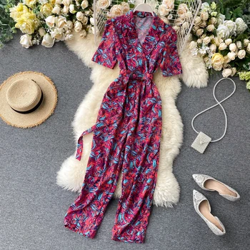 

Notched Neck Rompers Slim Floral Print Summer Vintage 2020 Full Length Bandage Jumpsuit Women Elegant Office Playsuit Tie Romper