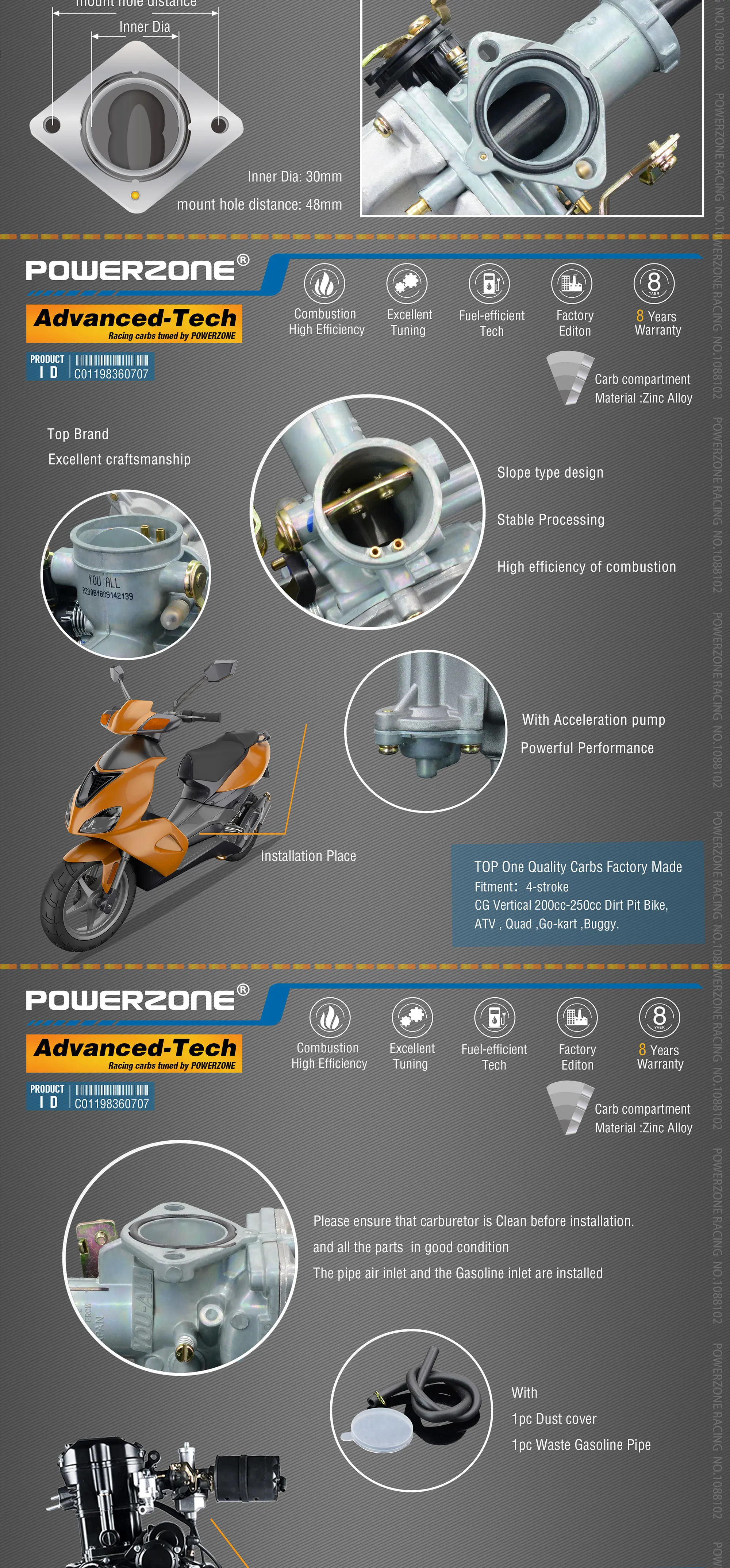 Powerzone карбюратор PZ30B 30 мм CVK Ускорительный Насос Carb для CG Vertical 200cc-250cc Dirt Pit Bike, ATV, Quad, Go-kart, багги