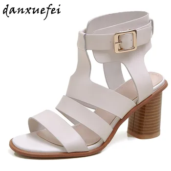 

Women's genuine leather thick high heel open toe summer ankle boots metal buckle elegant ladies OL style comfort gradiator shoes