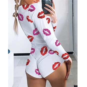 

Womens Fashion Sexy V-Neck Long Sleeve Bodycon Casual Red lips Print Button Sleepwear Jumpsuits Shorts Romper Leotard Tops