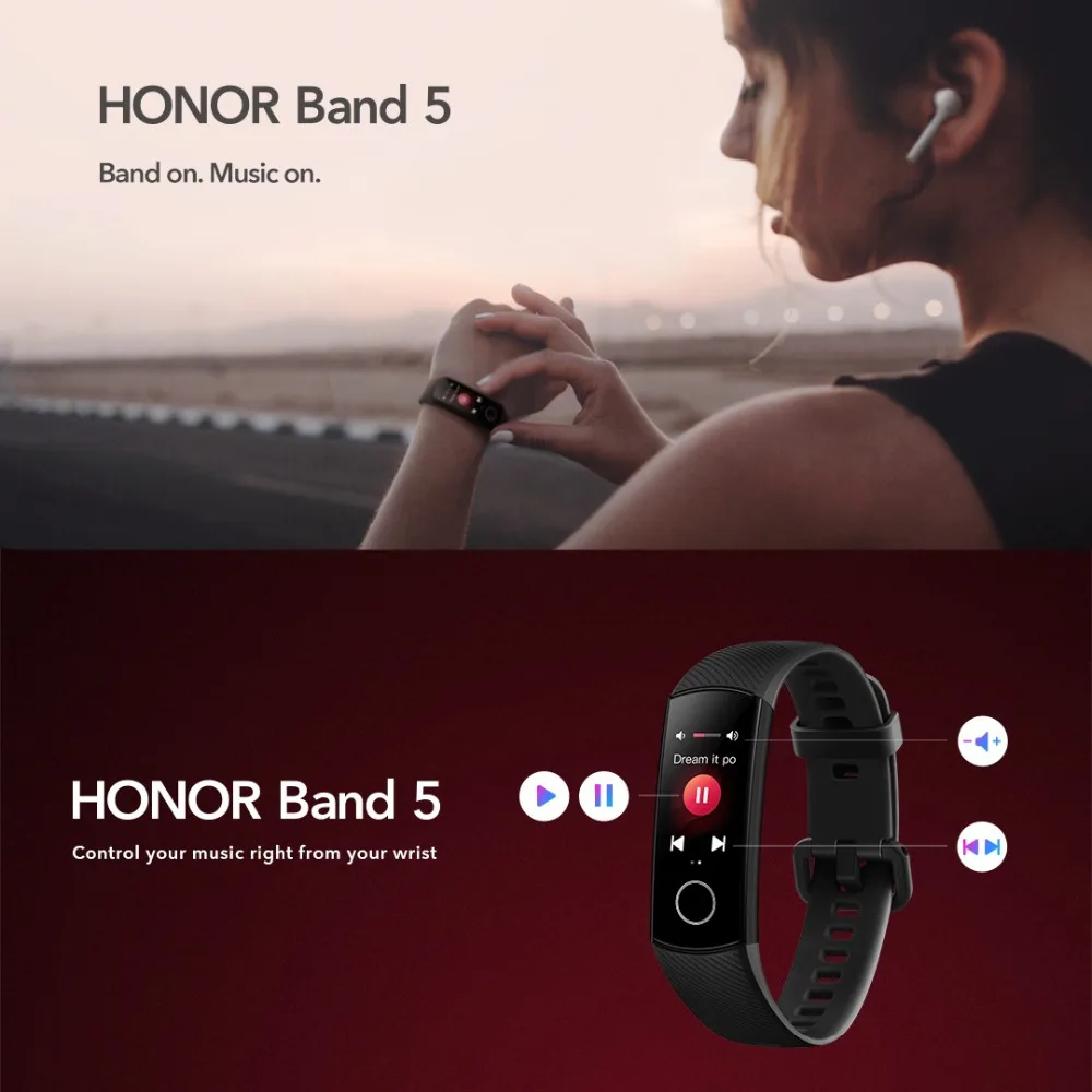 HONOR Band 5 0,9" большой полноцветный AMOLED дисплей фитнес умный Браслет 240*120 пикселей 8 персонализированные часы лица
