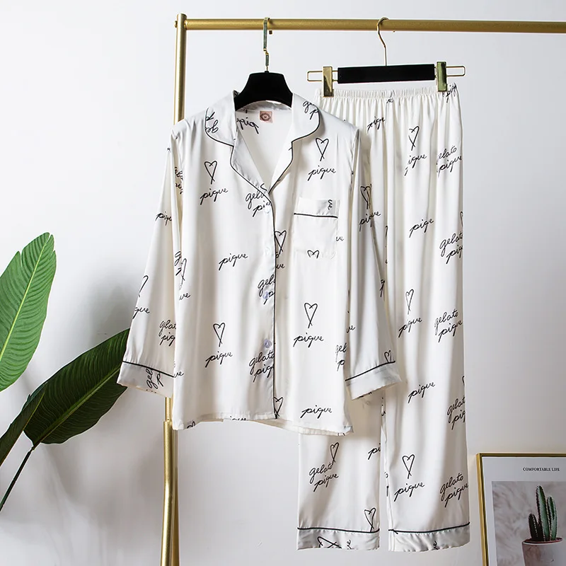 

White Ladies Pajamas Spring And Summer Ice Silk Long-Sleeved Thin Section Fresh Ice Silk Couple Fashion Home Service