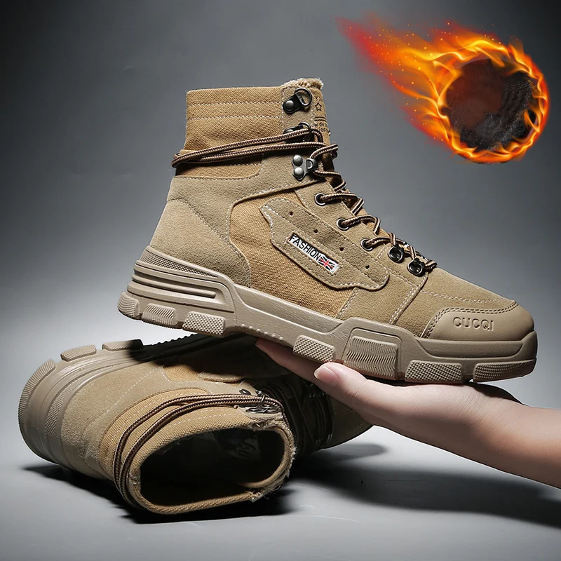 

Vast Wave Plush Warming Men's Fur Military boot Mens Soldier Ankle Boot With Buckle Male Shoes Safety Work Boots Army shoe