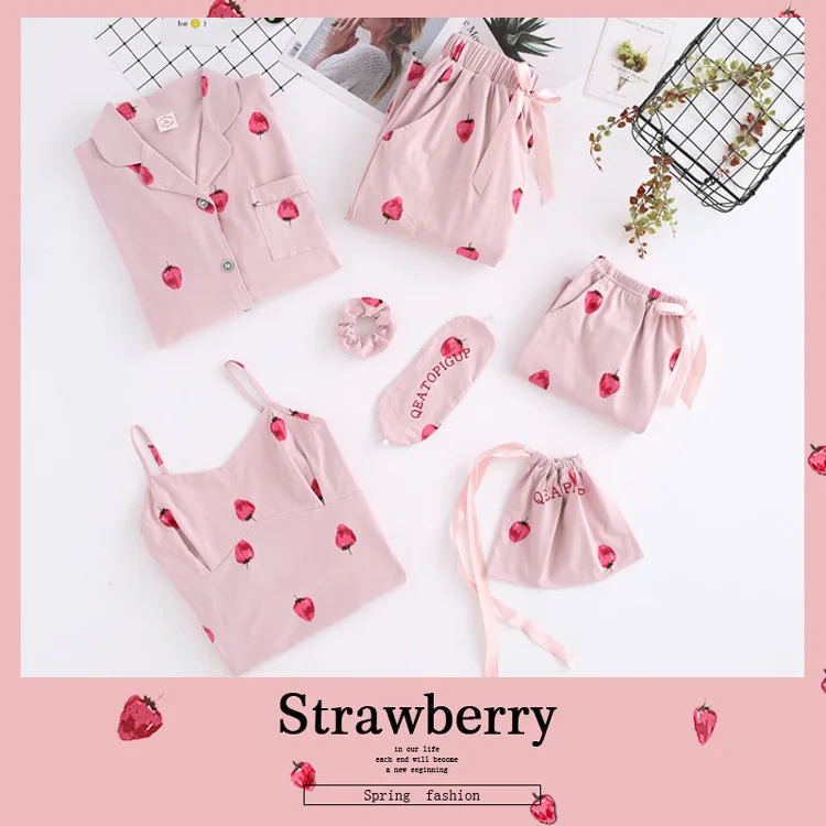 

Strawberry Seven Case Pajamas Less WOMEN'S Pajamas Pure Cotton Long Sleeve Spring And Autumn Pajamas WOMEN'S Suit Women's Summer