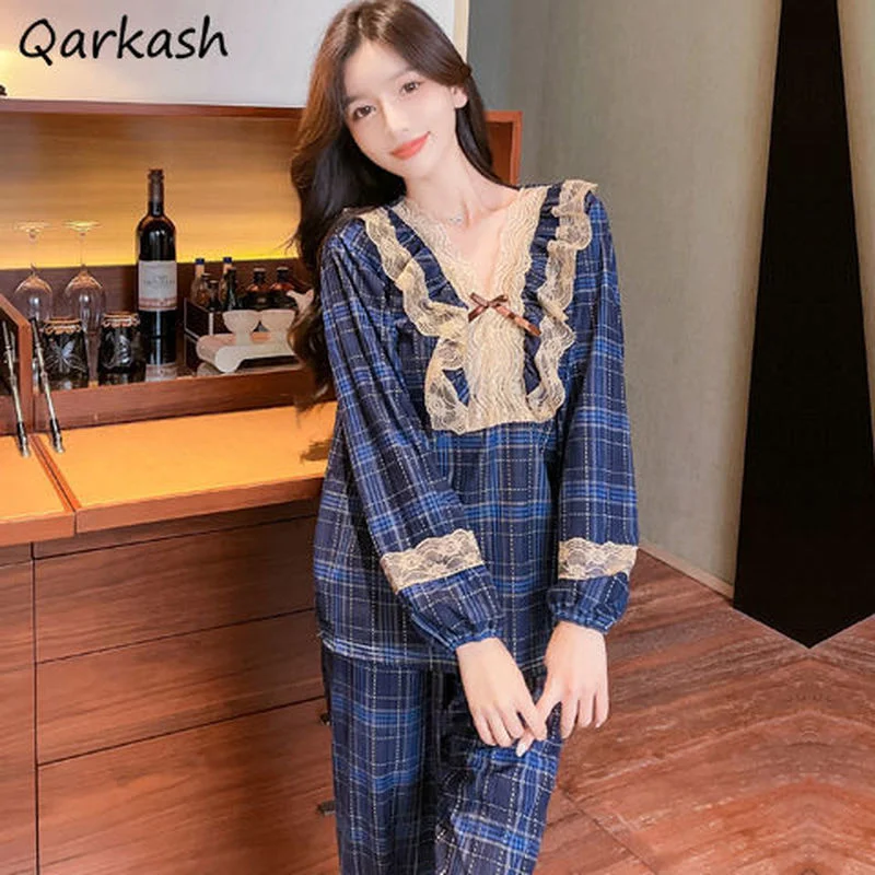 

Пижамный комплект женский кружевной с V-образным вырезом, домашняя одежда, Мягкий клетчатый дизайн, в стиле Харадзюку, весенний стильный уютный базовый нежный элегантный Ulzzang