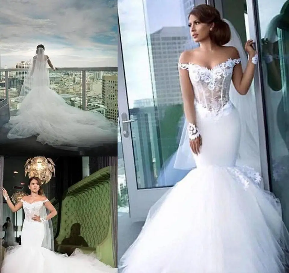 

New Mermaid Wedding Dresses Lace Appliques Illusion Off Shoulder Long Sleeves Tulle Plus Size Wed Dress Bridal Gown