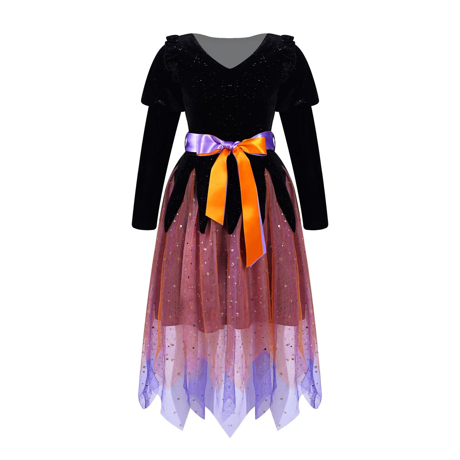 

Kids Girls Halloween Costume Witch Cosplay Dress V Neck Long Sleeve Mesh Tutu Dress With Belt Princess Masquerade Party Dress Up