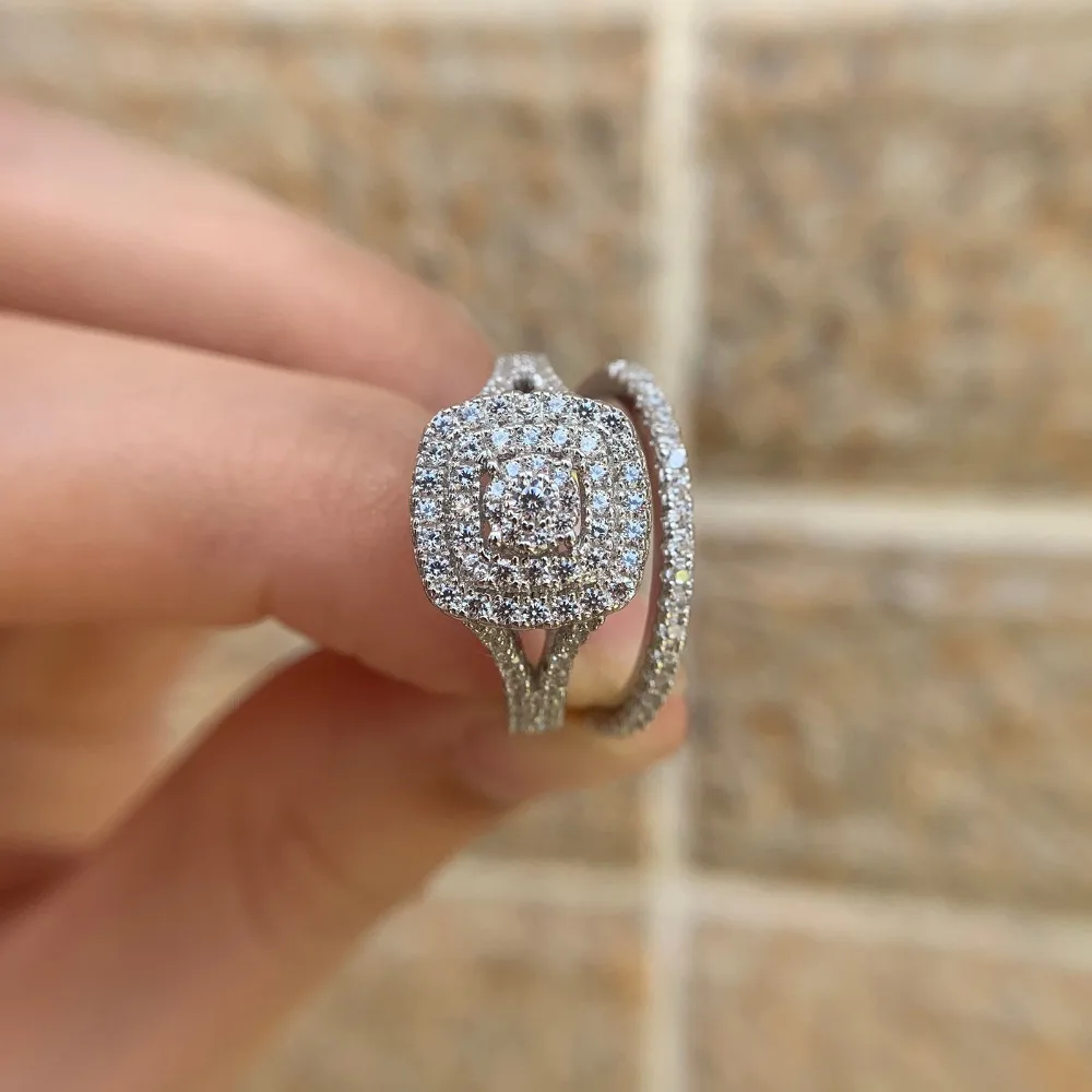 Wuziwen, 925 пробы, серебряные кольца для женщин, 2 шт., обручальное кольцо, набор для невесты, круглая огранка, белый циркон, ювелирное изделие