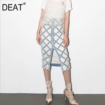 

DEAT 2020 new spring and summer fashion runway styles women clothing half body long straight plaided denim patchwork skirt WL570
