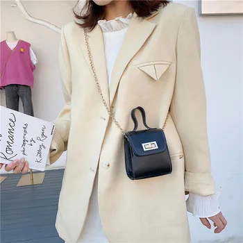 

Hit Color Leather Chain Lock Small Square Pack Fashion Women Mini Handbag Clutch PU Leather Youth Ladies Small Square Bag