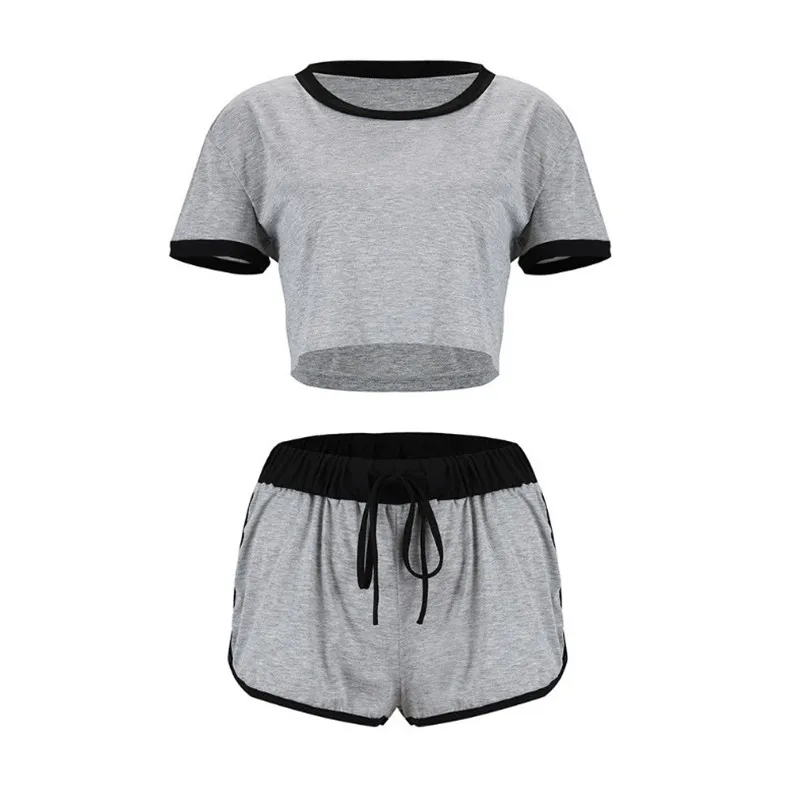 Женская Повседневная одежда для сна комплект домашней одежды Модный укороченный топ+ шорты брюки эластичный с коротким рукавом Летний фитнес 2 шт - Цвет: Серый