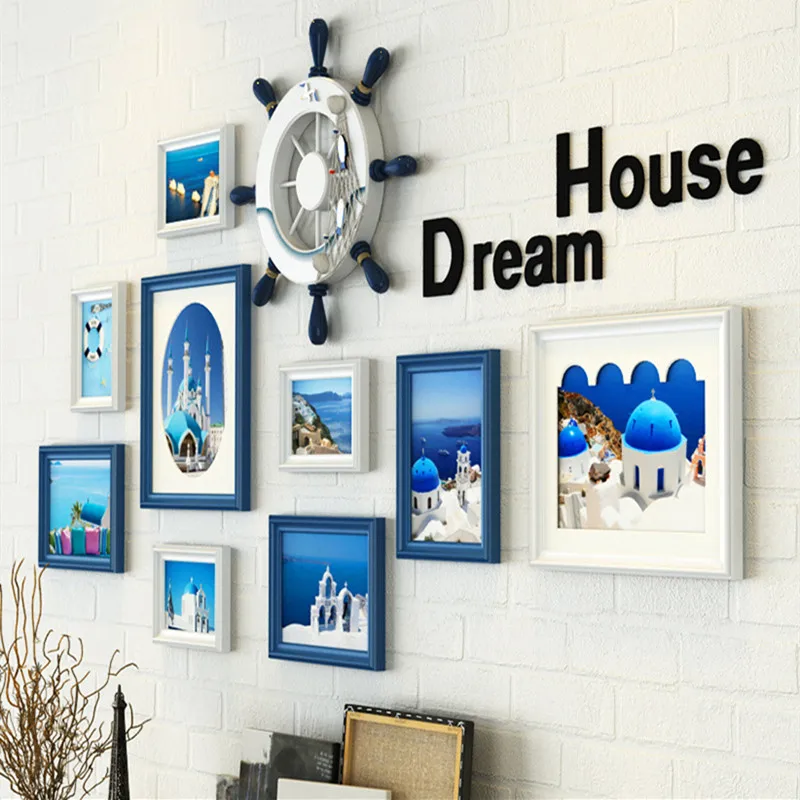 

9 Pieces/set Mediterranean Style Photo Frames With Letters Hanging Wall Creative Art Blue Picture Quality Wood Photo Frame Decor