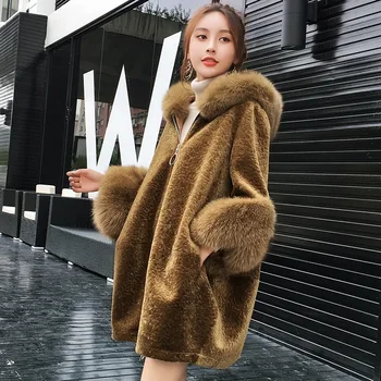 

Winter Jacket 2020 Women Sheep Shearing 100% Wool Jacket Real Fox Fur Collar Real Fur Coat Korean Warm Overcoat 793 YY399