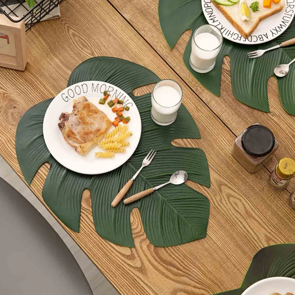  4Pcs Banana Leaf Coaster Placemat Table Mat Waterproof Table Cloth Cup Bowel Pot Mat Pad Holder Kit