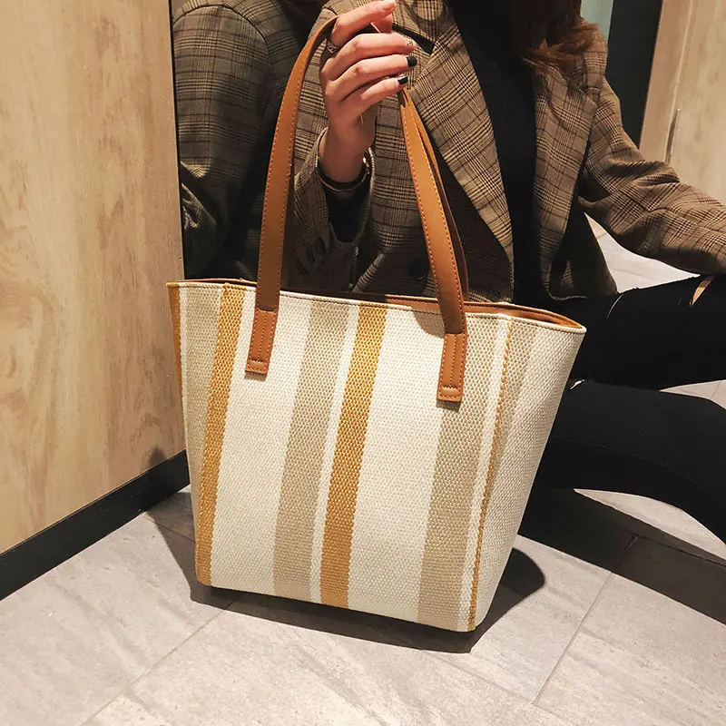 

High Capacity Canvas Shoulder Bags For Women 2019 Female Totes Lady Luxury Stripe Designer Quality Handbags Teens Hand Bag