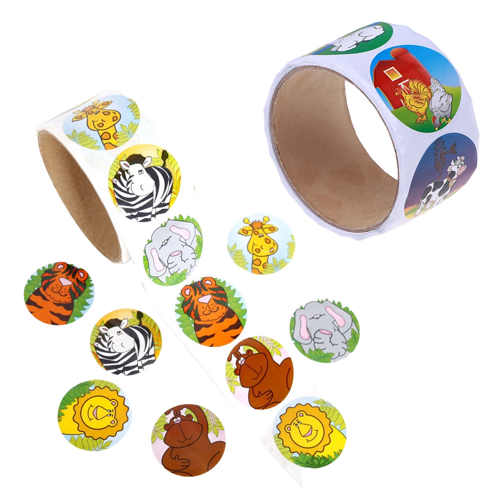 

2 Rolls Label Paper Cartoon Farm & Forest Animals Adhesive Cute Stickers Roll Decals For Kids Sticker Cookie Bags