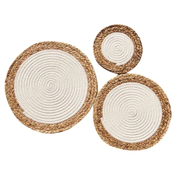 

Kitchen Round Cotton Natural Straw Thread Weave Placemat,Braided Mat,Table Non-Slip Insulation Anti-Hot Placemat,3 Pack