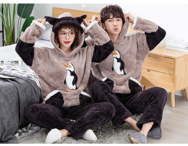 Взрослая унисекс пара пижамы милые животные мультфильм зима бархат мужчины пижамы утолщение с капюшоном теплая Домашняя одежда фланелевые пижамы - Цвет: Penguin