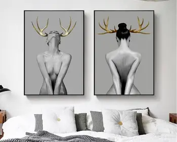 

Black and White Characters Elk Horn Girl Abstract Art Nordic Decorative Painting HD Picture Wall Poster Creative Canvas Painting