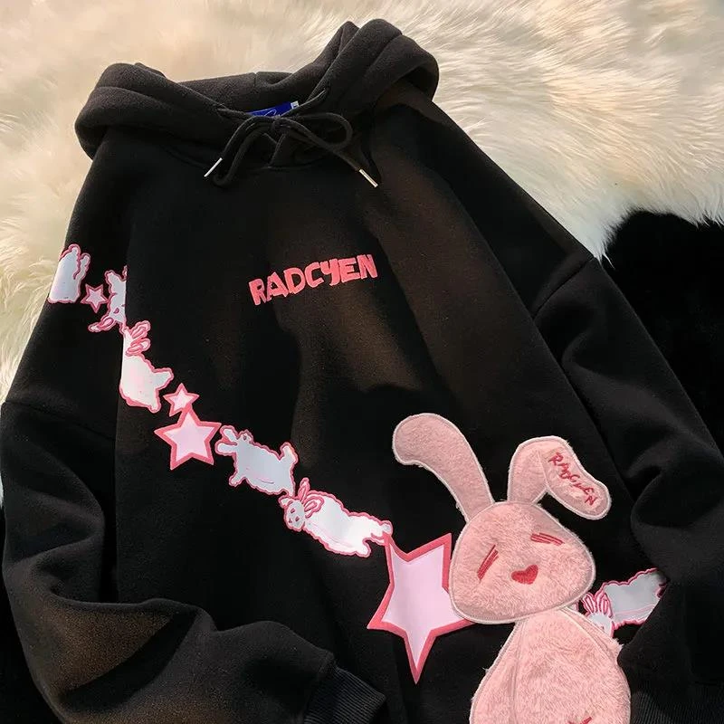 Sweet Girl Pink Rabbits Embroidery Cartoon Hoodies Sweatshirt Women Kawaii  Clothes For Teens Harajuku Streetwear Big Size Tops - Hoodies & Sweatshirts  - AliExpress