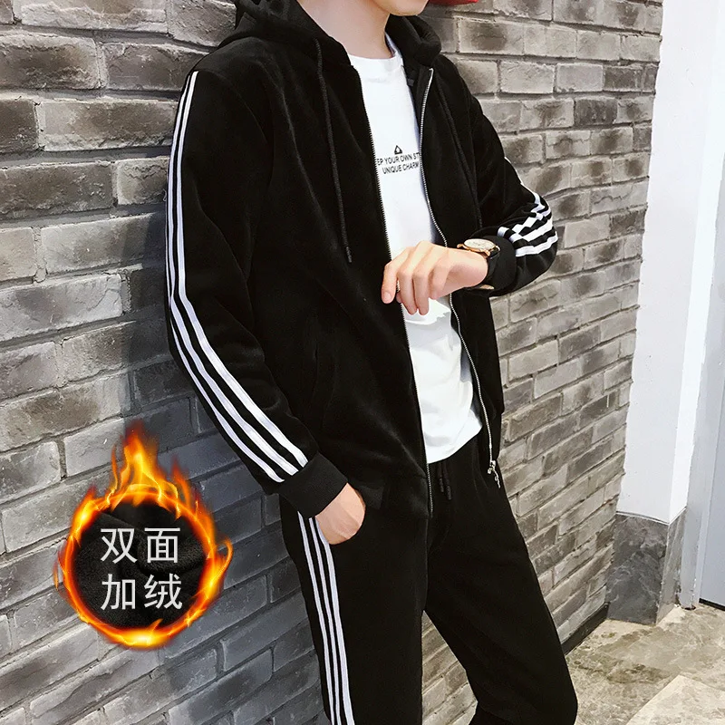 

Brushed And Thick Three Bars Two-Piece Set Sports Set Teenager Gold Velvet Hoodie Suit Men's Double-sided Plush Set
