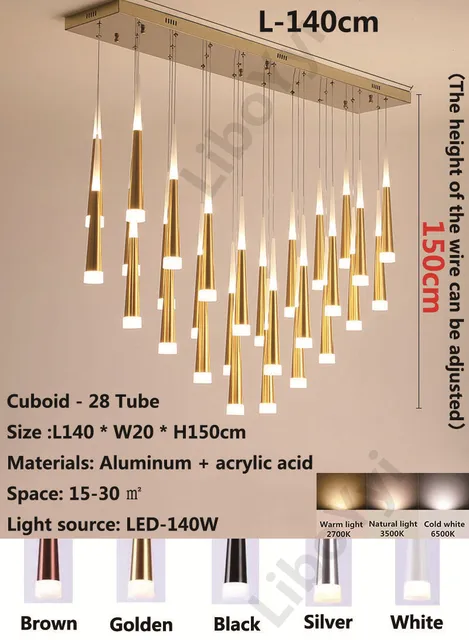 Modern Design Gold Black Minimalist Luster LED Chandelier for Bedroom Dining Living Room Loft Restaurant Cafe Interior Home Deco long-28 tube