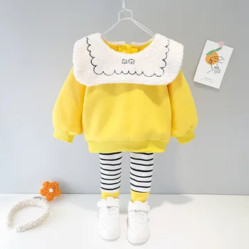 

Winter Baby Girl Set Lovely Infant Plush Doll Collar Hoodies+Leggings Two Piece Newborn Outfit Thicken Casual Toddler Girl Suit