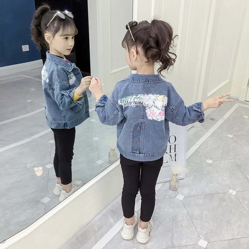 

Girls' Jean Jacket 2019 New Style Spring Clothing Children Korean-style Printed Jacket Big Boy Fashion Long Sleeve Fashion Tops