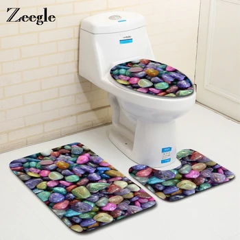 

Zeegle 3Pcs Stone Pattern Bathroom Mat Set Absorbent Non-Slip Rug Lid Toilet Cover Bath Mat Set Antiskid Bathroom Floor Rug