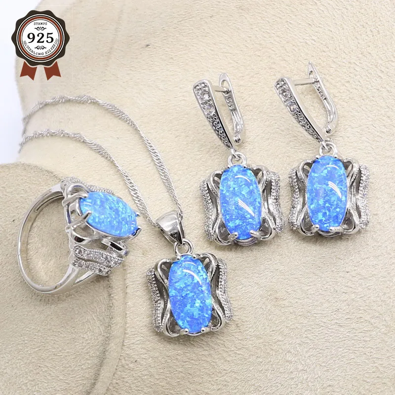 

925 Sterling Silver Blue Opal Bridal Jewelry Sets For Women Necklace Earrings Pendants Ring Sets For Birthdays Gift